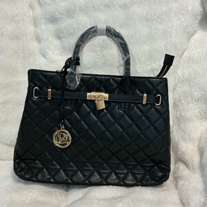 Badgley Mischka Black Quilted Satchel with Gold Accents